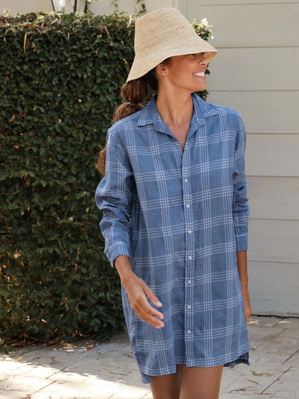 Frank & Eileen Hunter Woven Button Up Dress Blue Plaid Linen